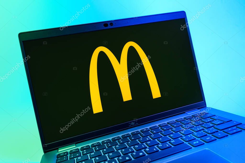Prague, Czechia - 08 01 2025: A close-up view of a laptop screen displaying the McDonalds logo. McDonalds is a fast-food chain serving burgers, fries, and more.
