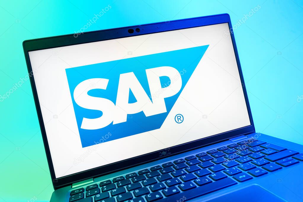 Prague, Czechia - 08 01 2025: A close-up view of a laptop screen displaying the SAP logo. SAP is a software company providing enterprise applications and solutions.
