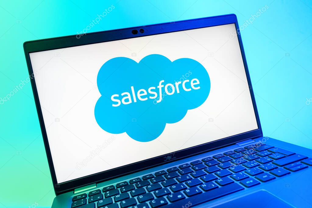 Prague, Czechia - 08 01 2025: A close-up view of a laptop screen displaying the Salesforce logo. Salesforce is a platform for customer relationship management and cloud services.