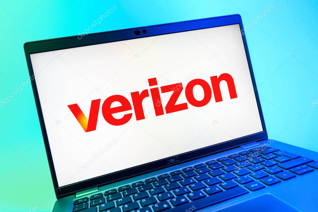 Prague, Czechia - 08 01 2025: A close-up view of a laptop screen displaying the Verizon logo. Verizon is a telecom company providing wireless and broadband services.