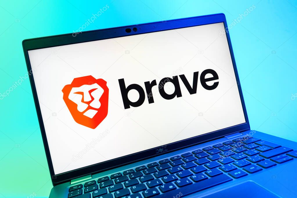 Prague, Czechia - 08 01 2025: A close-up view of a laptop screen displaying the Brave logo. Brave is a web browser focused on privacy and speed.