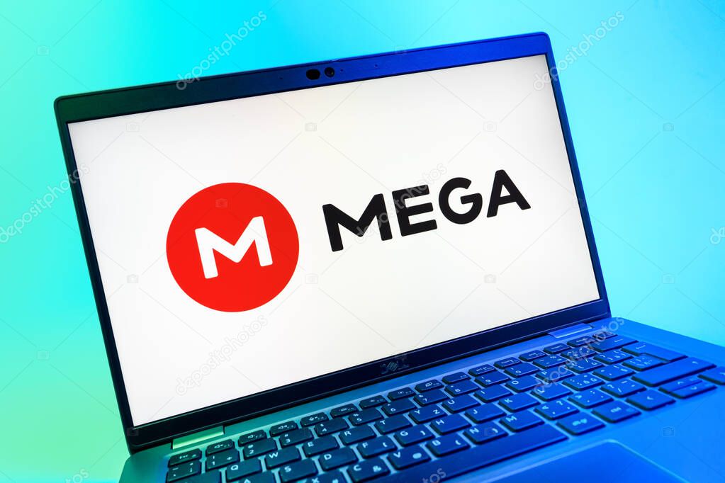 Prague, Czechia - 08 01 2025: A close-up view of a laptop screen displaying the Mega logo. Mega is a platform for cloud storage with encrypted file sharing.