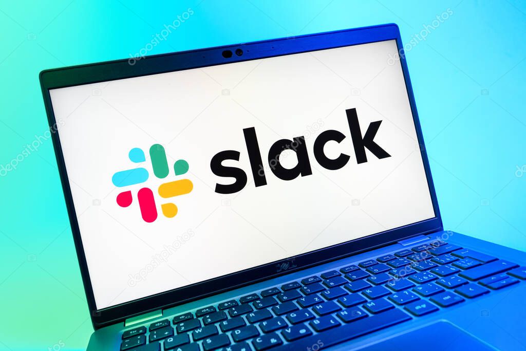 Prague, Czechia - 08 01 2025: A close-up view of a laptop screen displaying the Slack logo. Slack is a platform for team messaging and workplace communication.