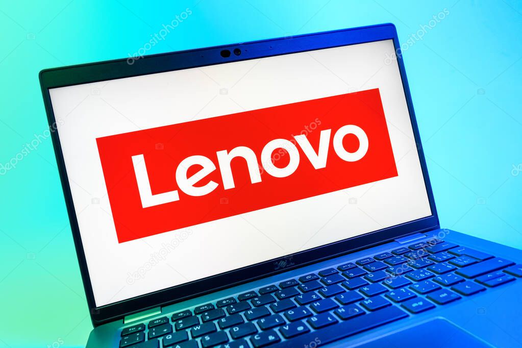 Prague, Czechia - 08 01 2025: A close-up view of a laptop screen displaying the Lenovo logo. Lenovo is a technology company producing computers and electronics.
