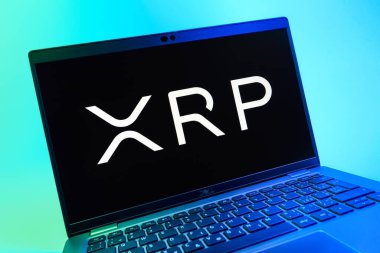 Prag, Çek Cumhuriyeti - 08 01 2025: Ripple logosunu gösteren dizüstü bilgisayarın yakın görüntüsü. Dalgalanma dijital kripto para birimi ve ödeme protokolüdür..
