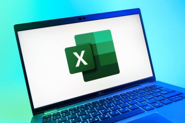 Prag, Çek Cumhuriyeti - 08 01 2025: Excel logosunu gösteren dizüstü bilgisayarın yakın görüntüsü. Excel, tablo, veri analizi ve hesaplamalar için bir yazılımdır..