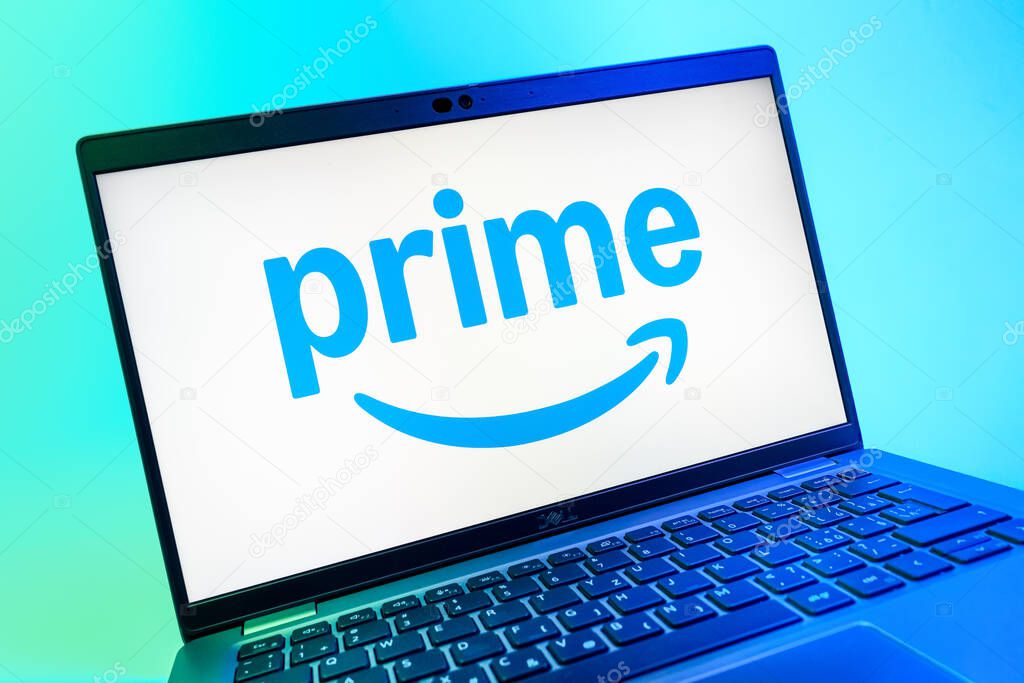 Prague, Czechia - 08 01 2025: A close-up view of a laptop screen displaying the Prime logo. Prime is a subscription service for shopping, streaming, and benefits.