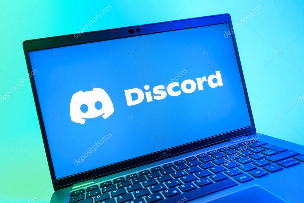 Prague, Czechia - 08 01 2025: A close-up view of a laptop screen displaying the Discord logo. Discord is a platform for voice, video, and text communication.