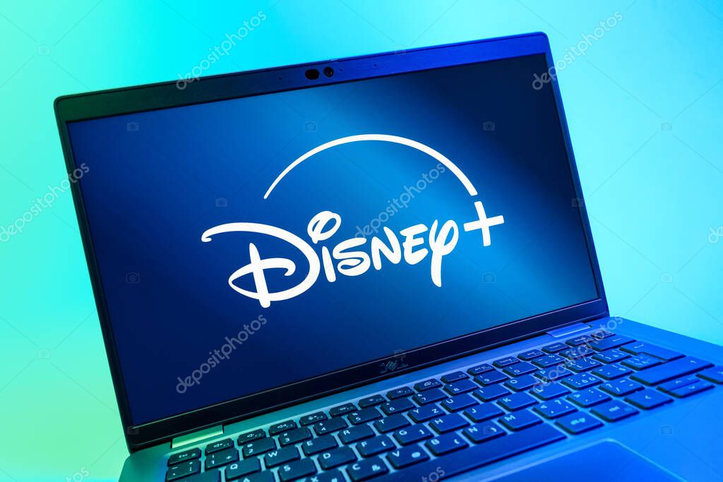 Prague, Czechia - 08 01 2025: A close-up view of a laptop screen displaying the Disney+ logo. Disney + is a streaming platform for movies and TV shows.