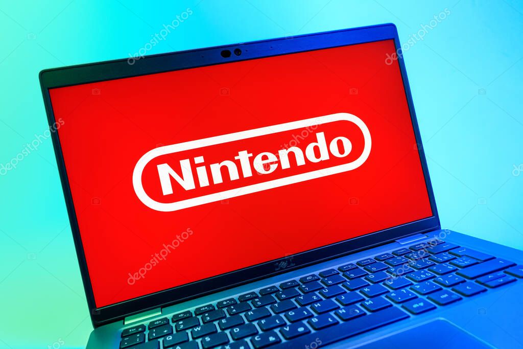 Prague, Czechia - 08 01 2025: A close-up view of a laptop screen displaying the Nintendo logo. Nintendo is a company producing video game consoles and games.