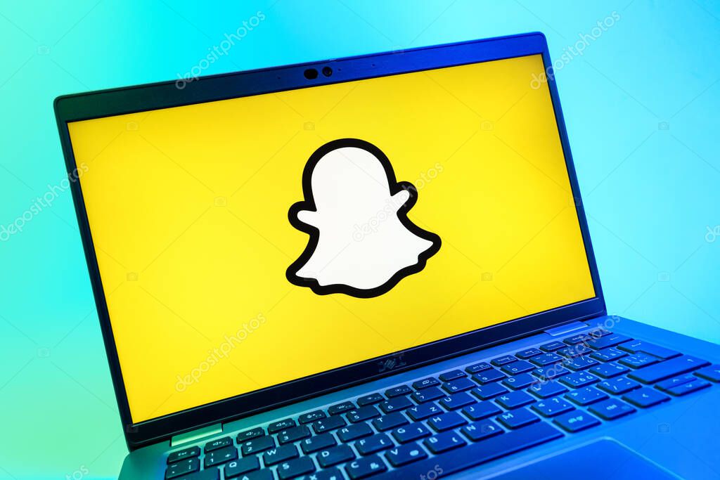 Prague, Czechia - 08 01 2025: A close-up view of a laptop screen displaying the Snapchat logo. Snapchat is an app for sending photos, videos, and temporary messages.