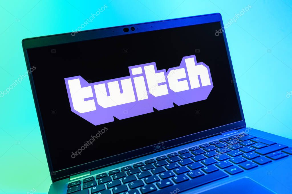 Prague, Czechia - 08 01 2025: A close-up view of a laptop screen displaying the Twitch logo. Twitch is a platform for live streaming games and content.