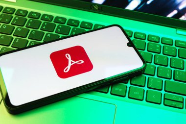 Prag, Çek Cumhuriyeti - 08 01 2025: Dizüstü bilgisayarın üzerinde duran bir cep telefonu Acrobat Reader logosunu gösteriyor. Acrobat Reader, PDF belgelerini görüntülemek ve yönetmek için bir platformdur.