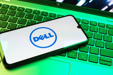 Prag, Çek Cumhuriyeti - 08 01 2025: Dizüstü bilgisayarın üzerinde duran bir cep telefonu Dell logosunu gösteriyor. Dell bilgisayar ve bilişim çözümleri üreten bir teknoloji şirketidir..
