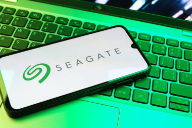 Prag, Çek Cumhuriyeti - 08 01 2025: Laptop klavyesinde duran bir cep telefonu Seagate logosunu gösteriyor. Seagate sabit disk ve depolama çözümleri üreten bir şirkettir..