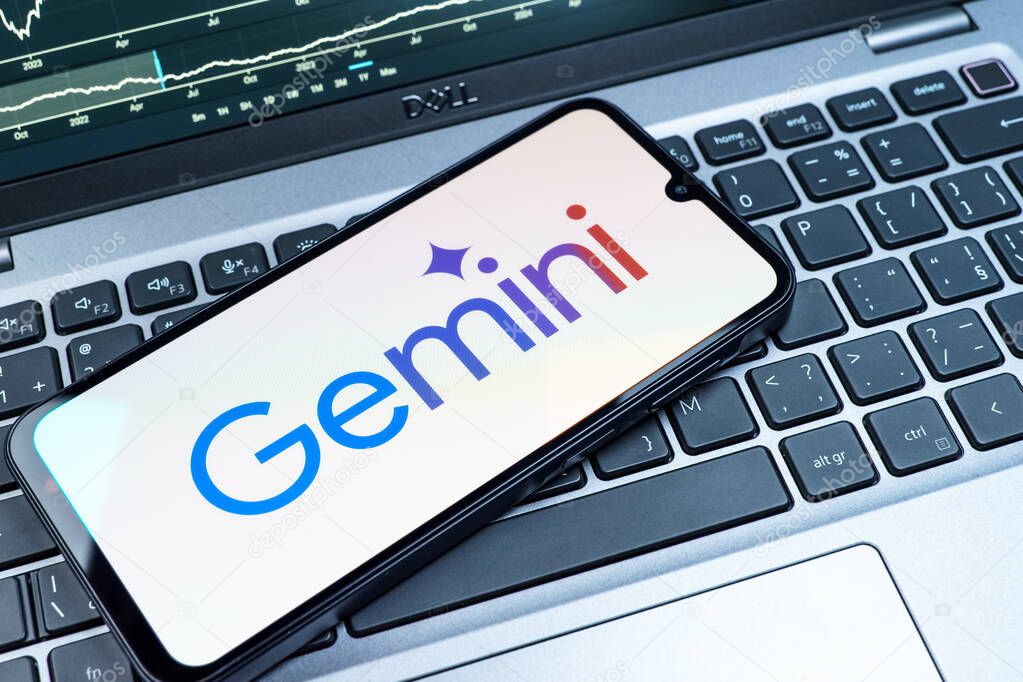 Prague, Czechia - 08 18 2025: A mobile phone on a keyboard displays Gemini logo. Gemini is a platform for cryptocurrency trading and management.