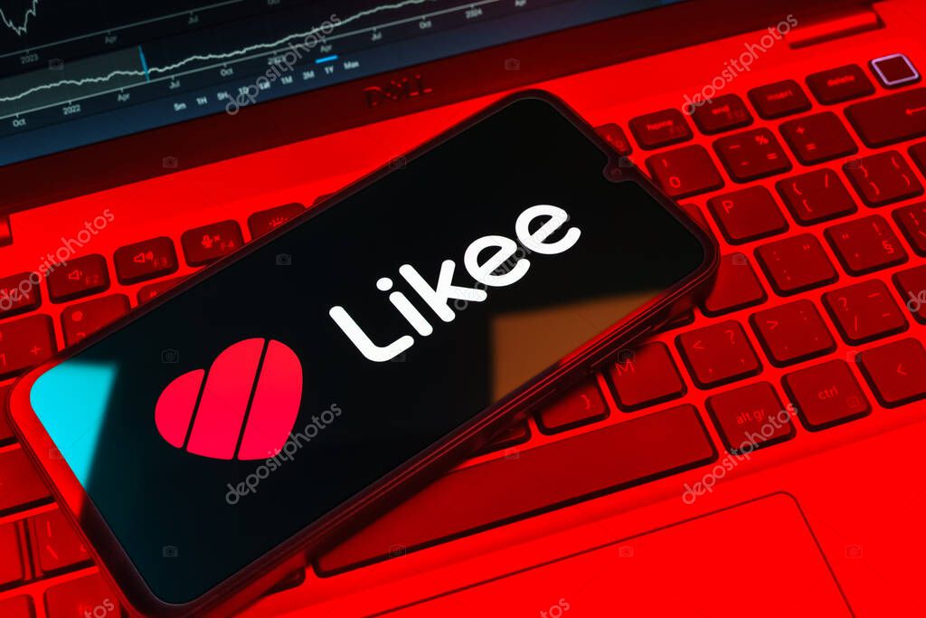 Prague, Czechia - 08 18 2025: A mobile phone on a keyboard displays Likee logo. Likee is a platform for creating and sharing short videos.