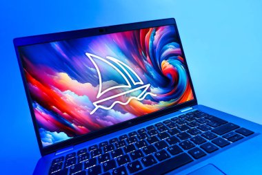 Prag, Çek Cumhuriyeti - 08 12 2025: Midtrip logosunu gösteren bir dizüstü bilgisayarın dinamik yakın çekimi. Midtrip yapay zeka ürünü resimler ve sanat için bir platformdur..