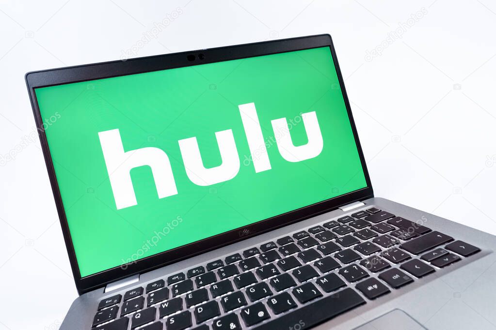 Prague, Czechia - 08 12 2025: A dynamic close-up of a laptop displaying the Hulu logo. Hulu is a streaming platform for TV shows, movies, and live TV.