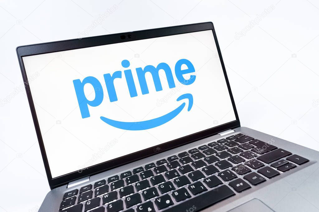 Prague, Czechia - 08 12 2025: A dynamic close-up of a laptop displaying the Prime logo. Prime is a subscription service for shopping, streaming, and benefits.