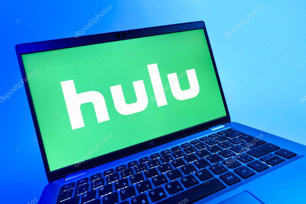 Prague, Czechia - 08 12 2025: A dynamic close-up of a laptop displaying the Hulu logo. Hulu is a streaming platform for TV shows, movies, and live TV.