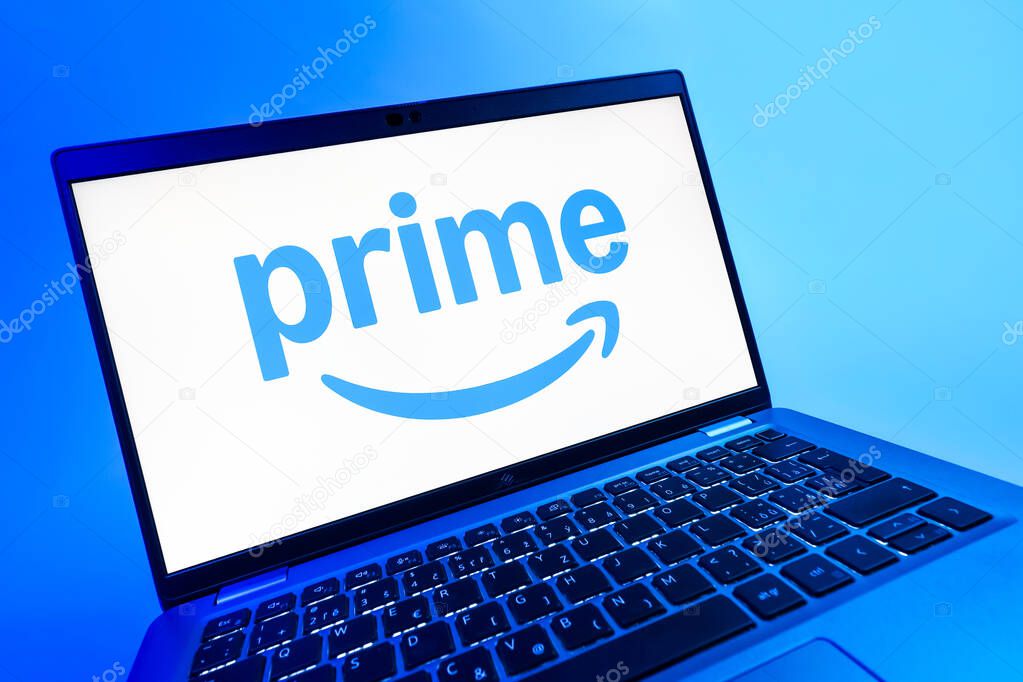 Prague, Czechia - 08 12 2025: A dynamic close-up of a laptop displaying the Prime logo. Prime is a subscription service for shopping, streaming, and benefits.