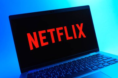 Prag, Çek Cumhuriyeti - 08 01 2025: Netflix logosunu gösteren dizüstü bilgisayarın yakın görüntüsü. Netflix sinema ve televizyon programları için bir yayın platformudur..