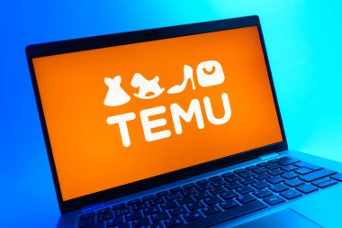Prag, Çek Cumhuriyeti - 08 01 2025: Temu logosunu gösteren dizüstü bilgisayarın yakın görüntüsü. Temu çevrimiçi uygun fiyatlı ürünler için bir e-ticaret platformudur..