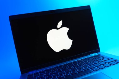 Prag, Çek Cumhuriyeti - 08 01 2025: Apple logosunu gösteren dizüstü bilgisayarın yakın görüntüsü. Apple iPhone, bilgisayar ve hizmet üreten bir teknoloji şirketidir..