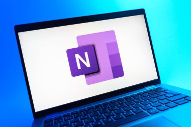 Prag, Çek Cumhuriyeti - 08 01 2025: Microsoft OneNote logosunu gösteren dizüstü bilgisayarın yakın görüntüsü. Microsoft OneNote not almak ve düzenlemek için bir platformdur.