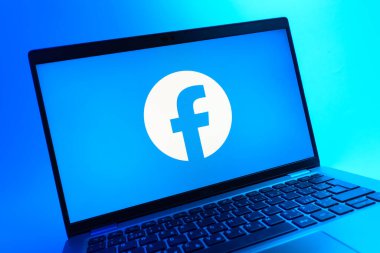 Prag, Çek Cumhuriyeti - 08 01 2025: Facebook logosunu gösteren dizüstü bilgisayarın yakın görüntüsü. Facebook, içeriği bağlamak ve paylaşmak için bir sosyal medya platformudur.