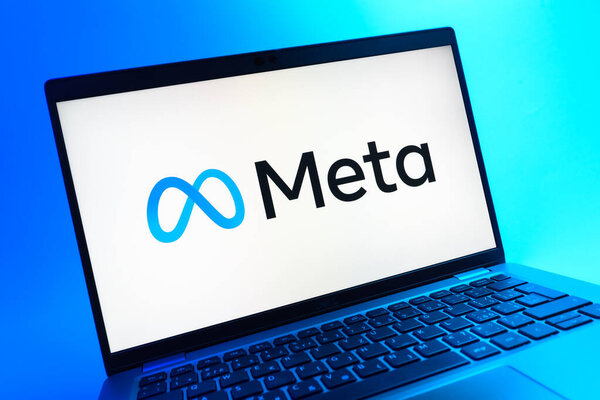 Prague, Czechia - 08 01 2025: A close-up view of a laptop screen displaying the Meta logo. Meta is a company offering social platforms like Facebook and Instagram.