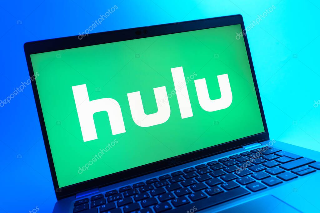 Prague, Czechia - 08 01 2025: A close-up view of a laptop screen displaying the Hulu logo. Hulu is a streaming platform for TV shows, movies, and live TV.