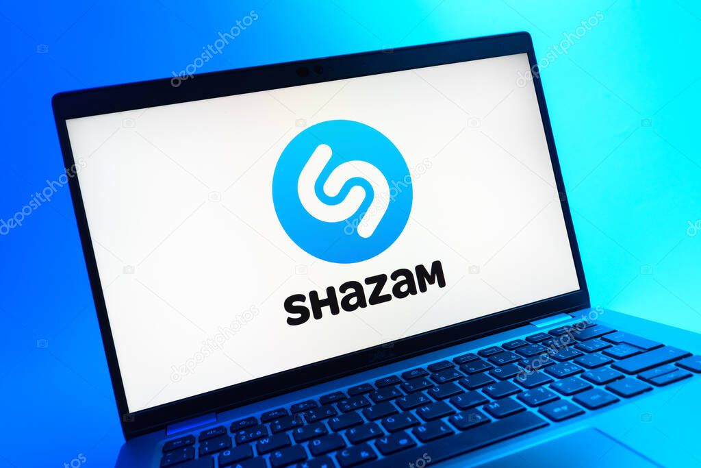 Prague, Czechia - 08 01 2025: A close-up view of a laptop screen displaying the Shazam logo. Shazam is an app for identifying songs and music tracks.