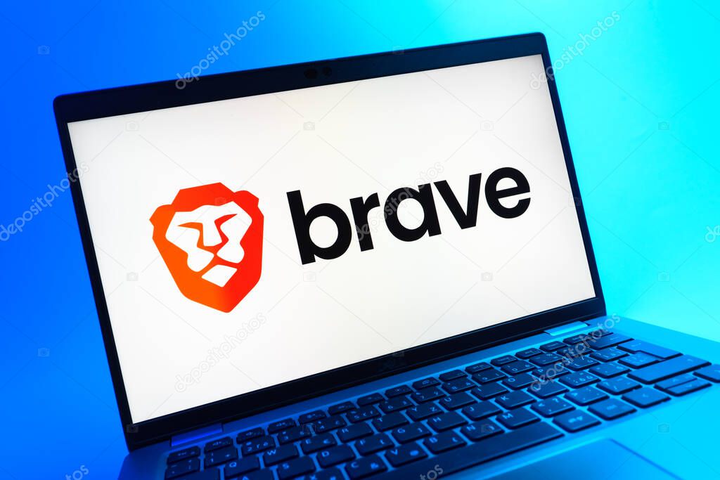 Prague, Czechia - 08 01 2025: A close-up view of a laptop screen displaying the Brave logo. Brave is a web browser focused on privacy and speed.