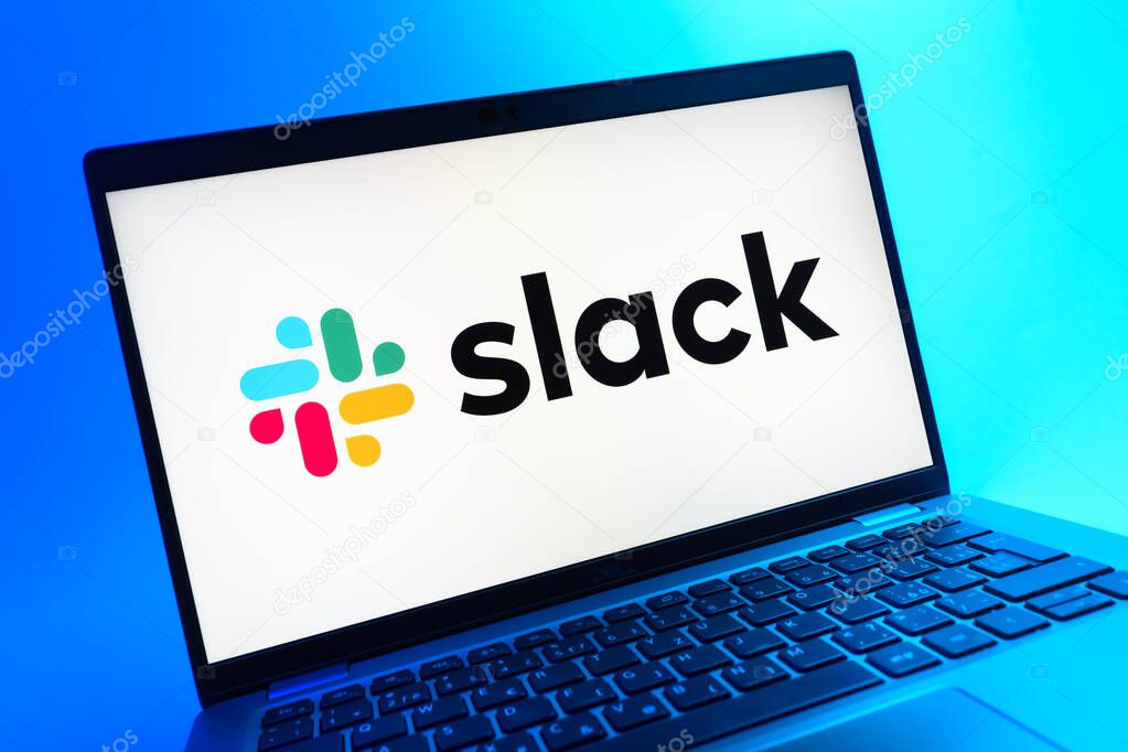 Prague, Czechia - 08 01 2025: A close-up view of a laptop screen displaying the Slack logo. Slack is a platform for team messaging and workplace communication.