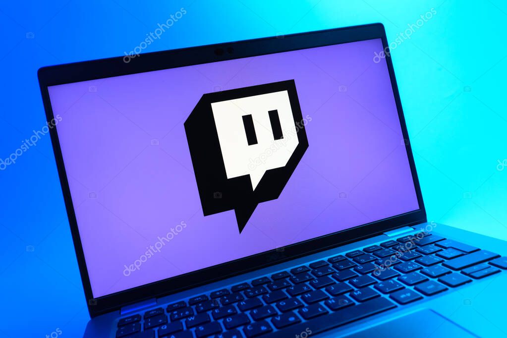Prague, Czechia - 08 01 2025: A close-up view of a laptop screen displaying the Twitch logo. Twitch is a platform for live streaming games and content.