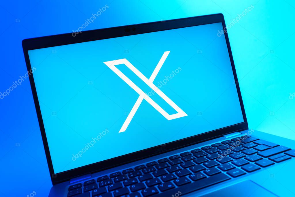 Prague, Czechia - 08 01 2025: A close-up view of a laptop screen displaying the X logo. X is a platform for sharing short posts and updates.