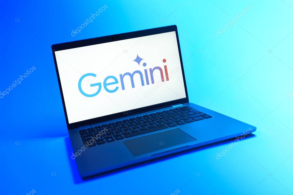 Prague, Czechia - 08 12 2025: A dynamic view of a laptop on a uniform background displaying the Gemini logo. Gemini is a platform for cryptocurrency trading and management.