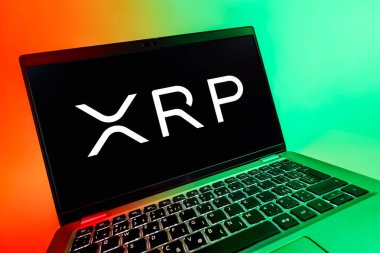 Prag, Çek Cumhuriyeti - 08 12 2025: Dalgacık logosunu gösteren bir dizüstü bilgisayarın dinamik yakın çekimi. Dalgalanma dijital kripto para birimi ve ödeme protokolüdür..