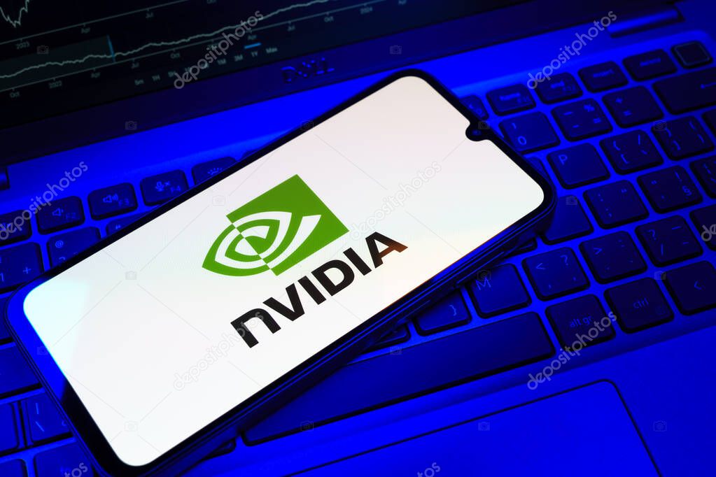 Prague, Czechia - 08 18 2025: A mobile phone on a keyboard displays NVIDIA logo. NVIDIA is a technology company specializing in GPUs and AI hardware.