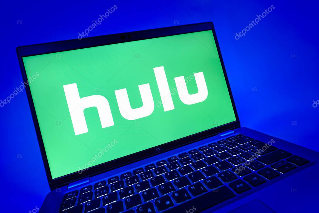 Prague, Czechia - 08 12 2025: A dynamic close-up of a laptop displaying the Hulu logo. Hulu is a streaming platform for TV shows, movies, and live TV.