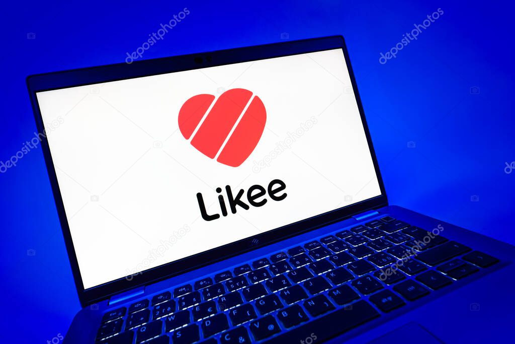 Prague, Czechia - 08 12 2025: A dynamic close-up of a laptop displaying the Likee logo. Likee is a platform for creating and sharing short videos.