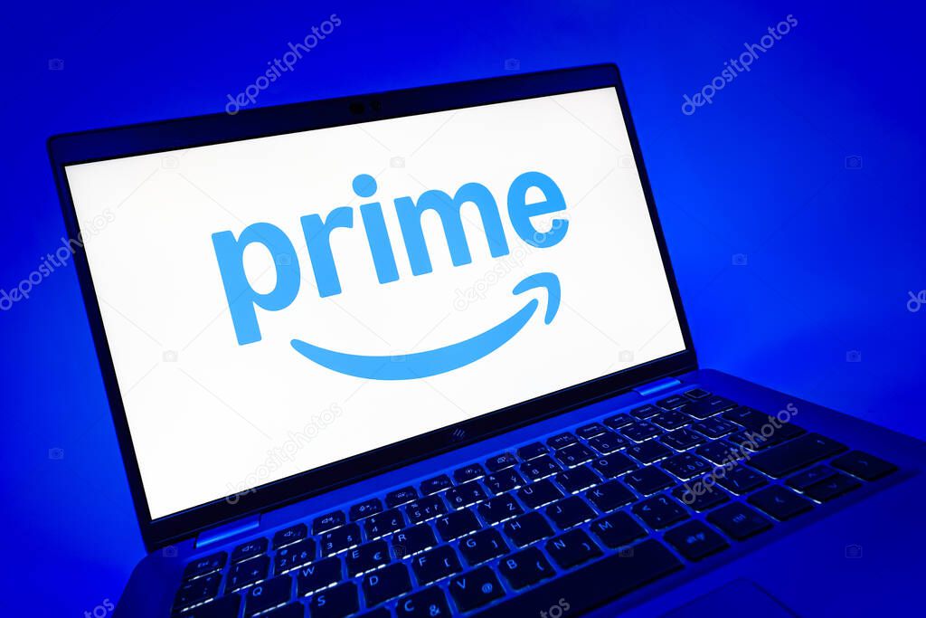 Prague, Czechia - 08 12 2025: A dynamic close-up of a laptop displaying the Prime logo. Prime is a subscription service for shopping, streaming, and benefits.