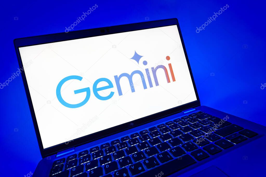 Prague, Czechia - 08 12 2025: A dynamic close-up of a laptop displaying the Gemini logo. Gemini is a platform for cryptocurrency trading and management.