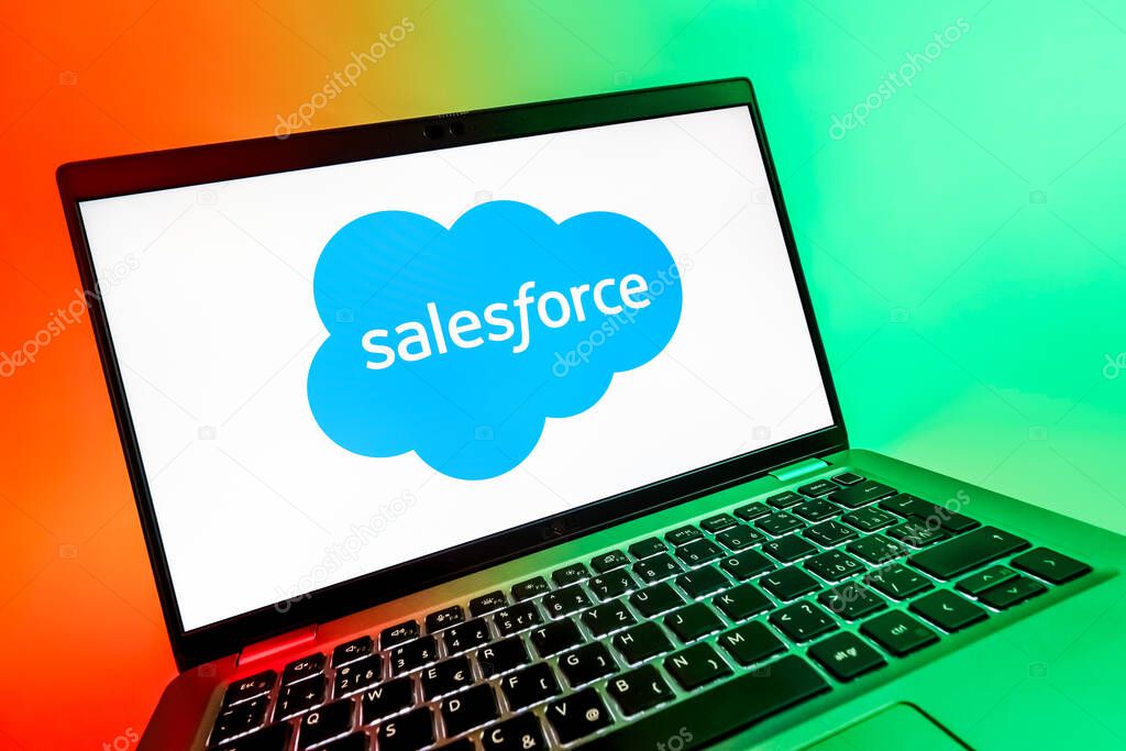 Prague, Czechia - 08 12 2025: A dynamic close-up of a laptop displaying the Salesforce logo. Salesforce is a platform for customer relationship management and cloud services.