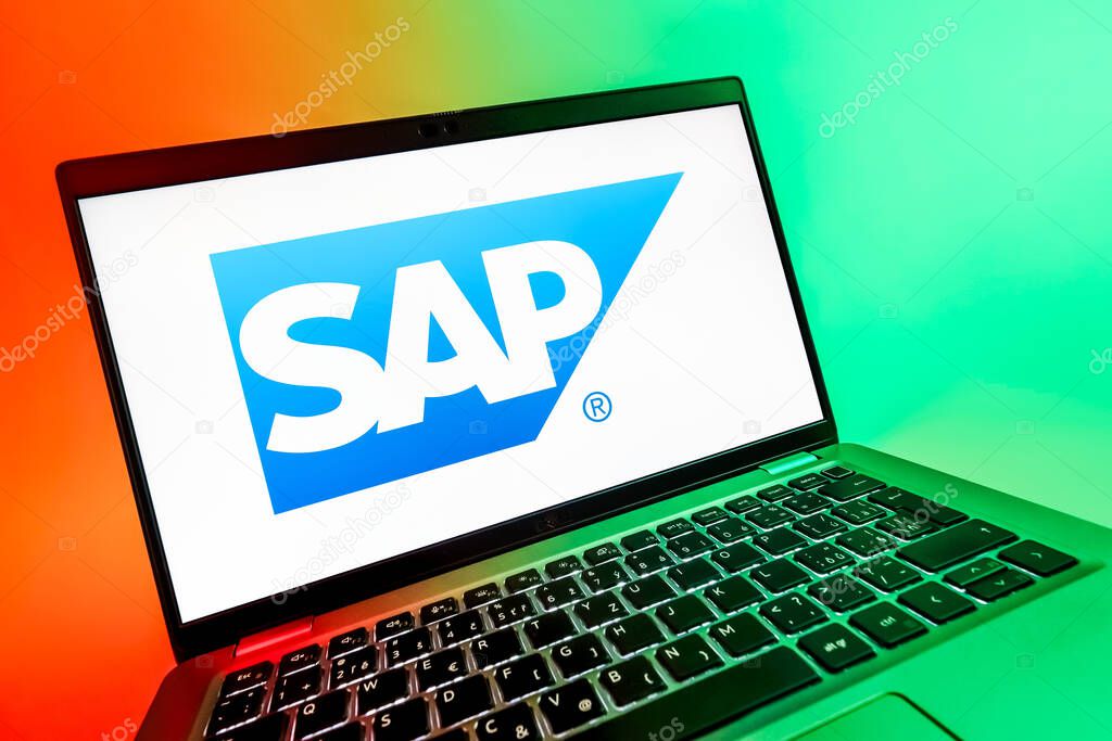 Prague, Czechia - 08 12 2025: A dynamic close-up of a laptop displaying the SAP logo. SAP is a software company providing enterprise applications and solutions.