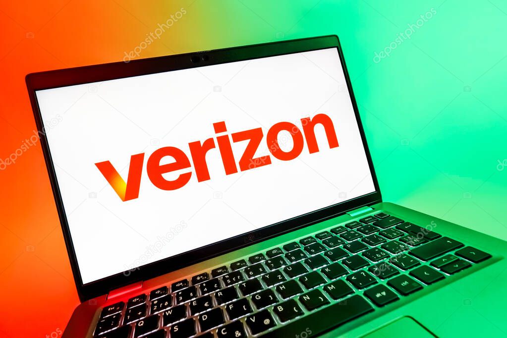 Prague, Czechia - 08 12 2025: A dynamic close-up of a laptop displaying the Verizon logo. Verizon is a telecom company providing wireless and broadband services.
