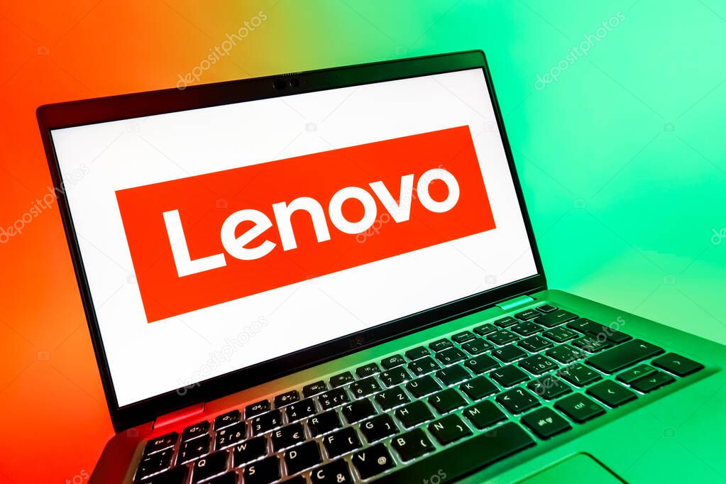 Prague, Czechia - 08 12 2025: A dynamic close-up of a laptop displaying the Lenovo logo. Lenovo is a technology company producing computers and electronics.