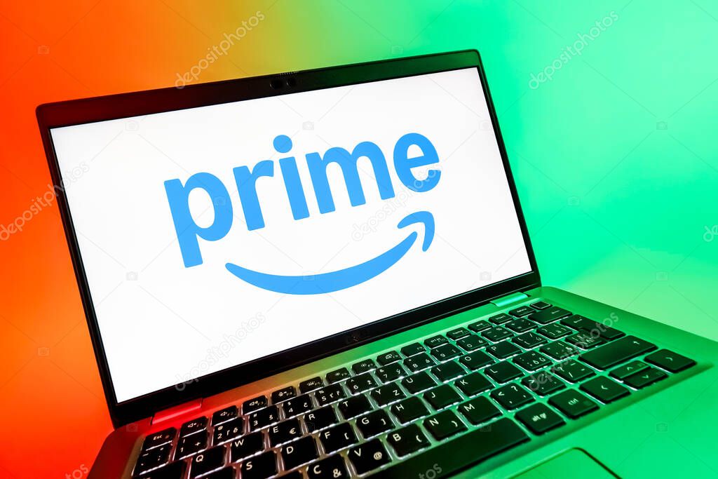 Prague, Czechia - 08 12 2025: A dynamic close-up of a laptop displaying the Prime logo. Prime is a subscription service for shopping, streaming, and benefits.